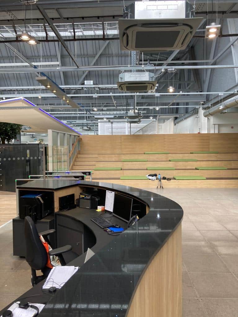 Wooden seating area in a building reception