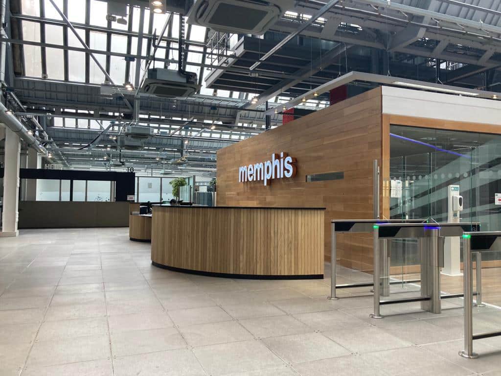 Building reception area with wooden detailing